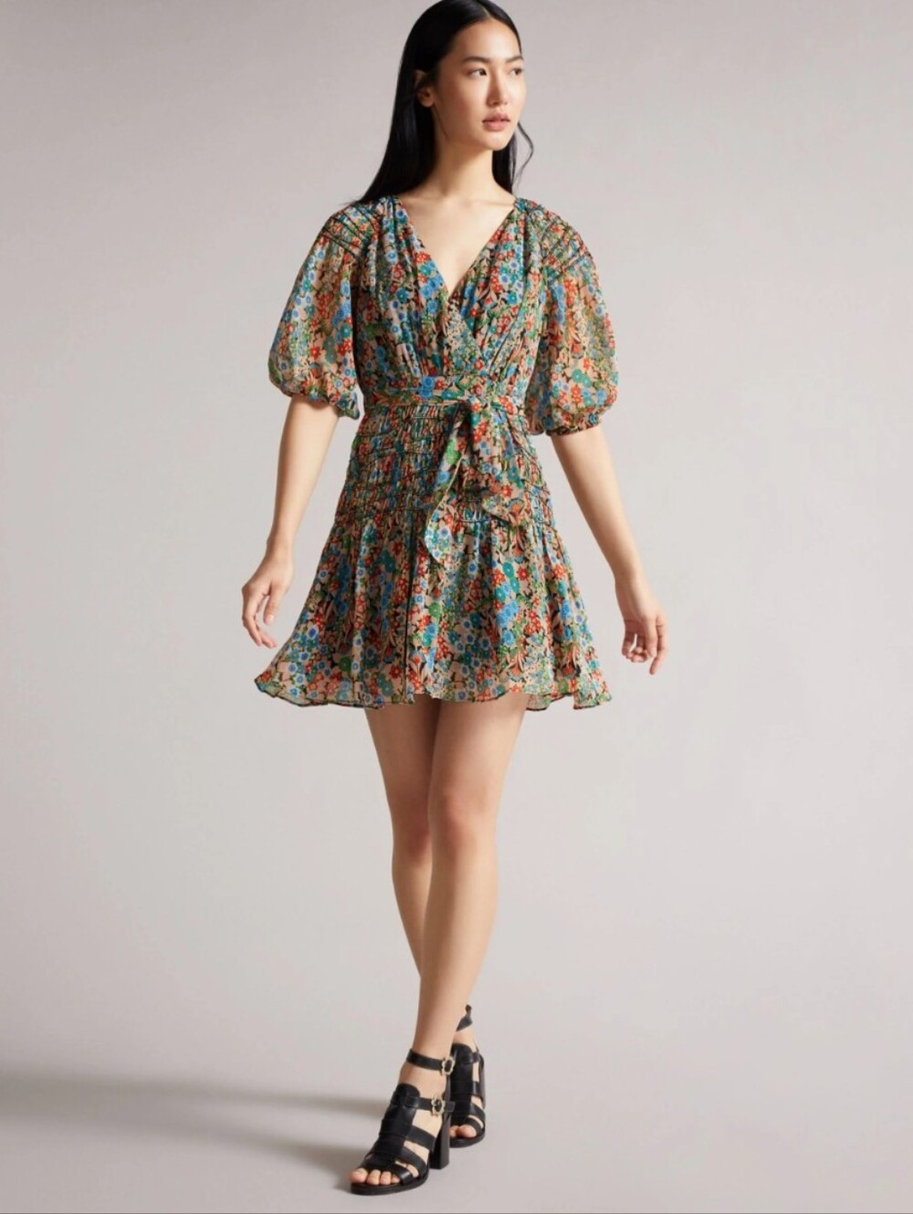 Ted Baker London Tiania Floral Smock Mini Dress with ruched midsection, faux wra